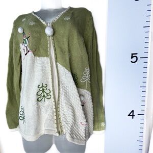 Christopher & Banks Green White Snowmen Skiing Full Zip Christmas Sweater Large‎